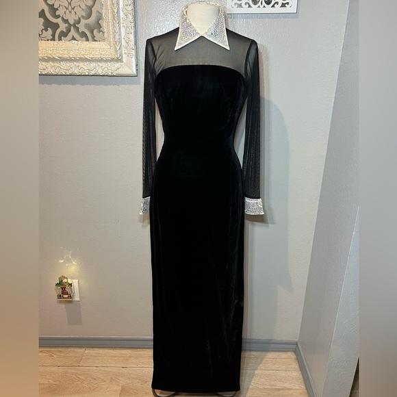 michael casey Dresses & Skirts - Michael Casey Black Velvet Dress with Sheer Sleeves and Crystals